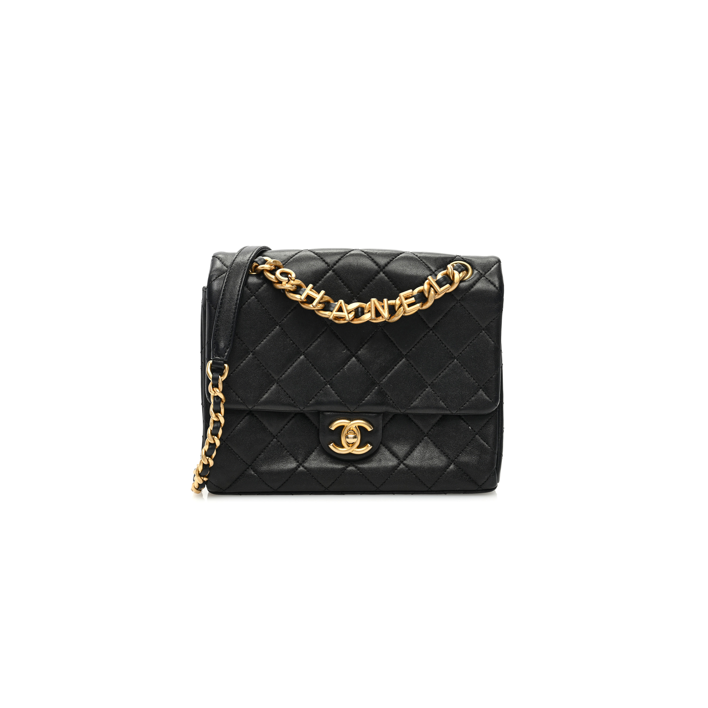 CHANEL MASTER LAMBSKIN QUILTED CHAINE LETTRE SQUARE FLAP BLACK (23*17*8cm) 